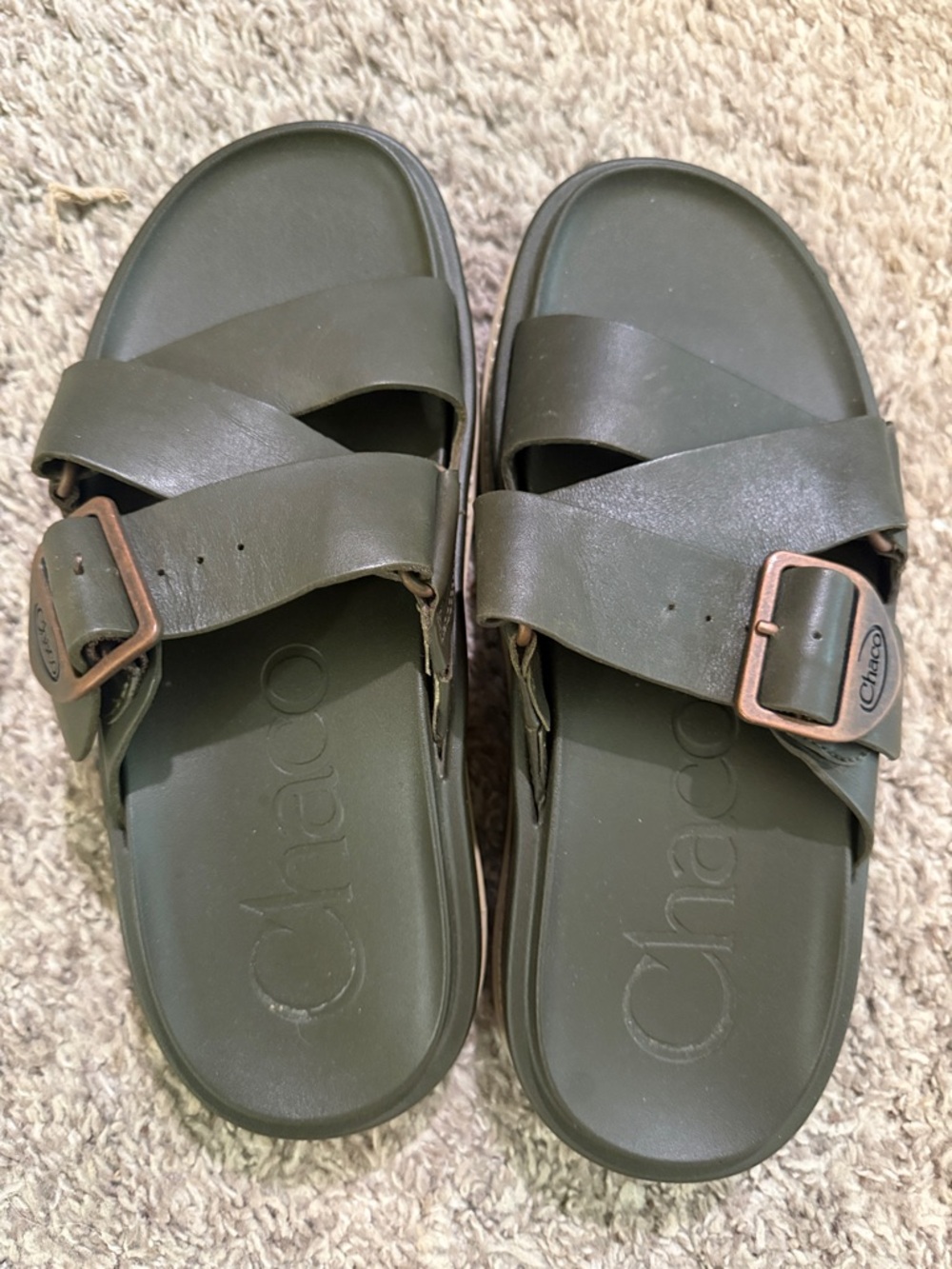 Chaco Dark Olive Double-Strap Slide Sandals with Buckles